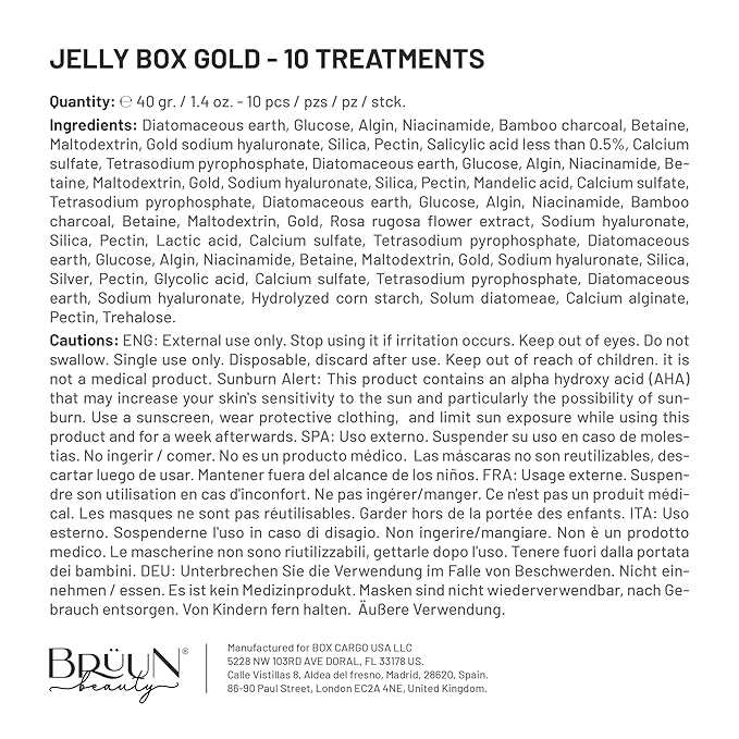 BRÜUN Peel-Off Jelly Mask Rubber Mask - 5 Treatments BHA AHA (Black Gold Salicylic AC, Red Gold Lactic AC, White Gold Glycolic AC, 24k Gold Mandelic AC, Hyaluronic AC) - 2 Packs of Each