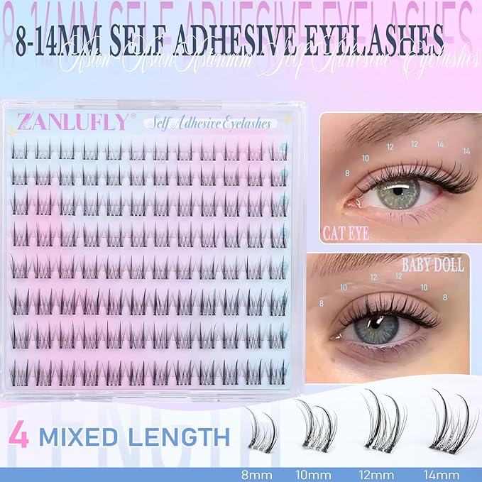 Self Adhesive Lash Clusters Natural Self Adhesive Eyelashes Wispy Pre glued Eyelash Clusters zanlufly No Glue Lashes 8-14mm Press on Eyelashes Natural Look DIY at Home