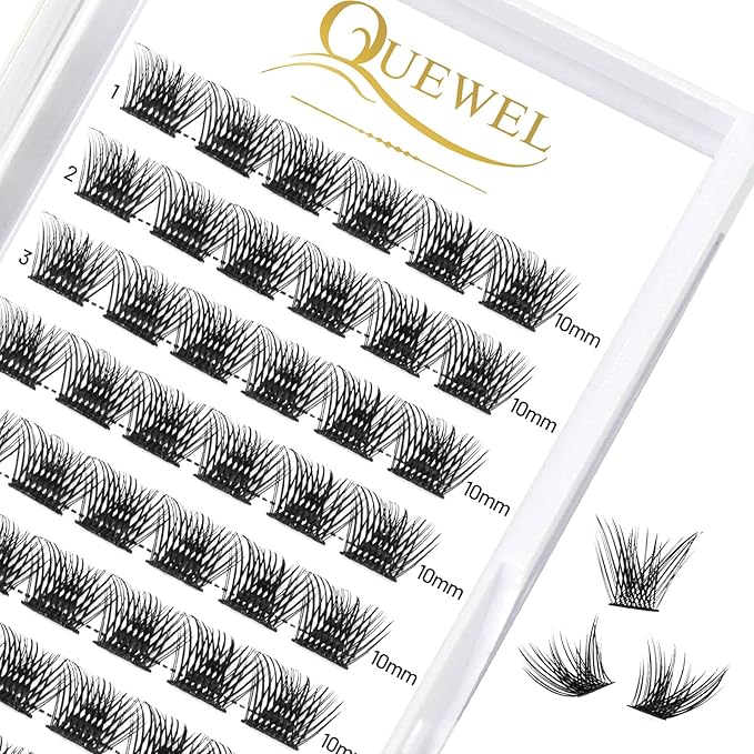 QUEWEL Cluster Lashes 72 Pcs Wide Stem Individual Lashes C/D Curl 10mm Length DIY Eyelash Extension False Eyelashes Fluffy Styles Soft for Personal Makeup Use at Home (Fluffy-D-10)