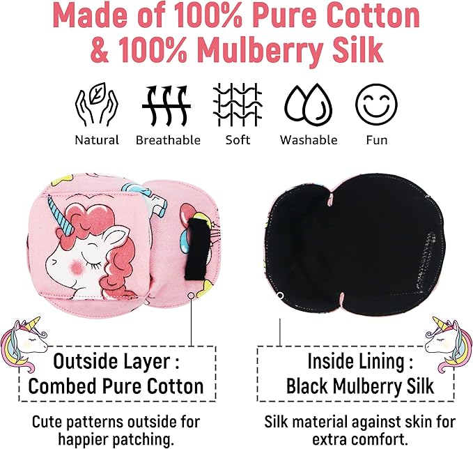 Astropic 3D Cotton & Silk Eye Patch for Kids | Girls Eye Patch for Glasses | Medical Eyepatch for Children with Lazy Eye (Pink Unicorn, Left Eye)