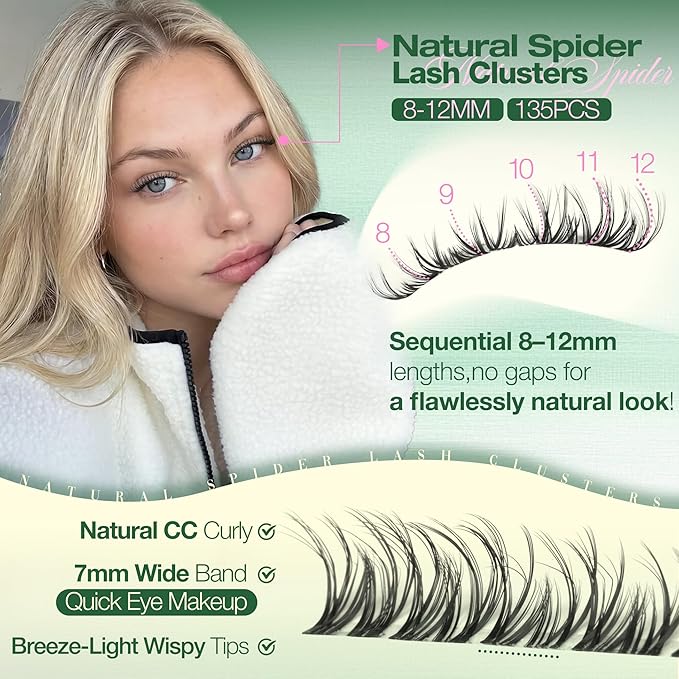Spider Lash Clusters Kit 8-12MM Short Lash Extension Kit Breeze Wispy Eyelash Clusters Natural Clusters Eyelash Extensions CC Curly Invisible Band Individual Lashes for Clean Girl Makeup by Lvmixwig