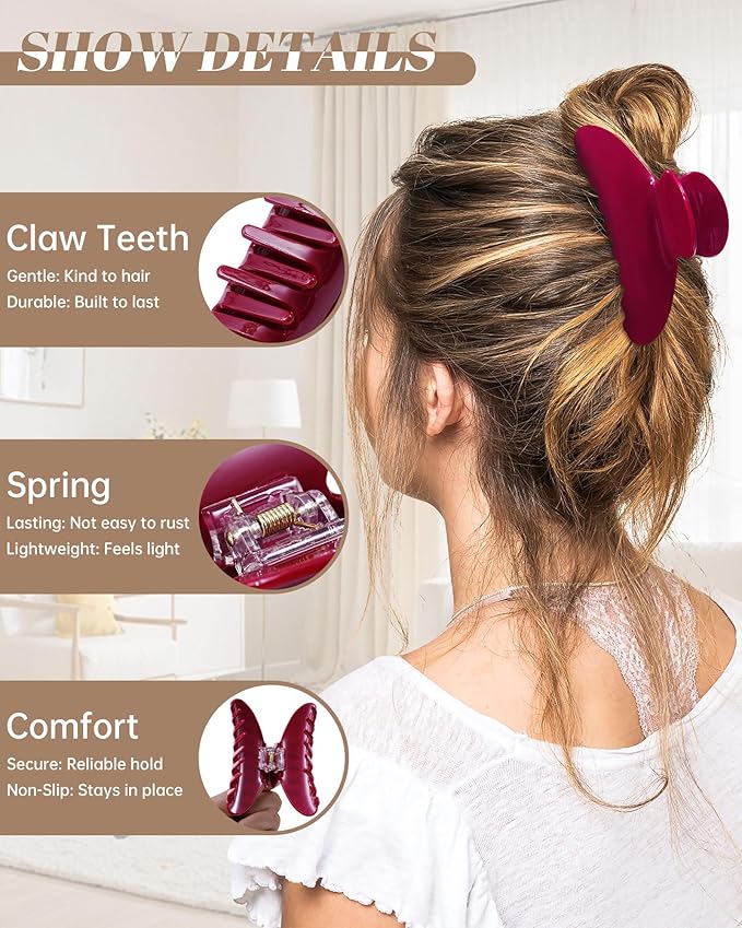 Mesovor 4 pack Acrylic Hair Clips Claws, Nonslip 4.1" Large Hair Grip Hairclips for Thin and Thick | French Banana Barrettes Hair Strong Hold Hair Jaw Clamps (Red, Cherry Red)