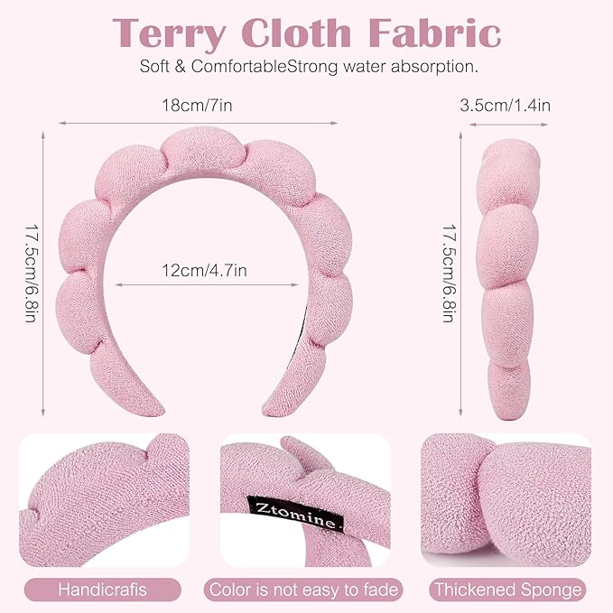 Ztomine Headband, Set of 2 - Terry Cloth Spa Headbands for Washing Face or Facial, Puffy Makeup Headbands for Face Washing, Mask - 1 Beige + 1 Pink
