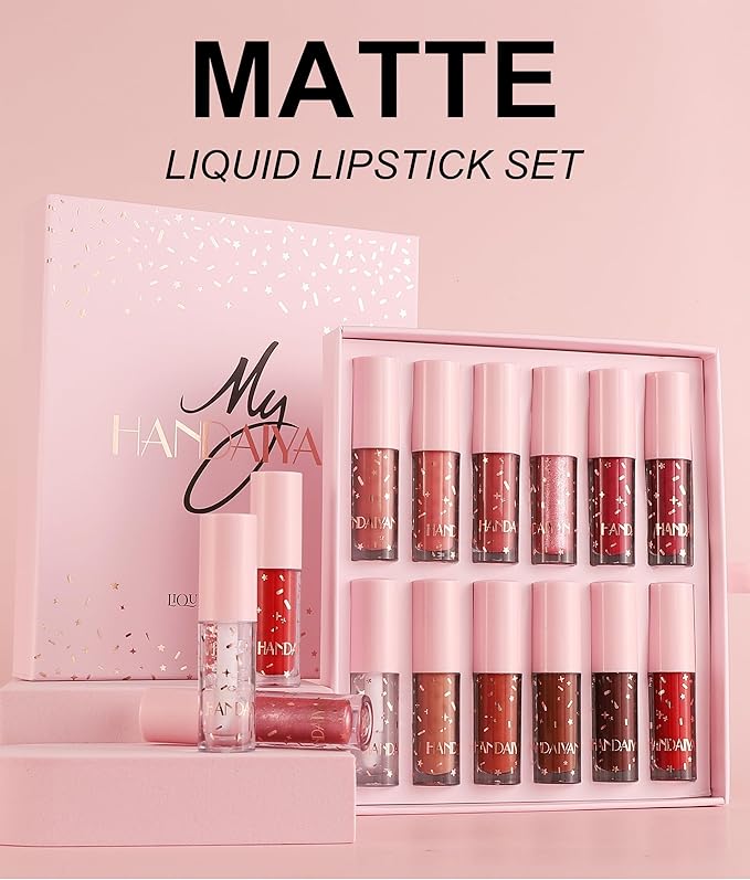 BAISEN DIARY 12 Colors Book Style Velvet Matte Liquid Lipstick Christmas Gift Set Long-Lasting Non-Stick Cup Not Fade Shimmer Nude Lip Gloss Thanks For the Love Lip Set (Set C)