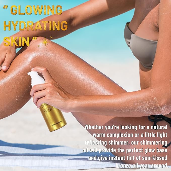 UCANBE Body Shimmer Oil 100ml, Moisturizing Face Body Glow Glitter Oil, Waterproof Shimmering Luminizer Liquid Illuminator Highlighter, Tinted Shimmer Lotion Glowing Bronzer Makeup(Gold)