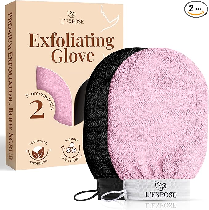L'Exfose Kessa Hammam Deep Exfoliating Glove for Shower - Korean Exfoliating Mitt Body Scrubber Ideal for Dead Skin Remover, Keratosis Pilaris & Self-Tanning (Black & Pink)