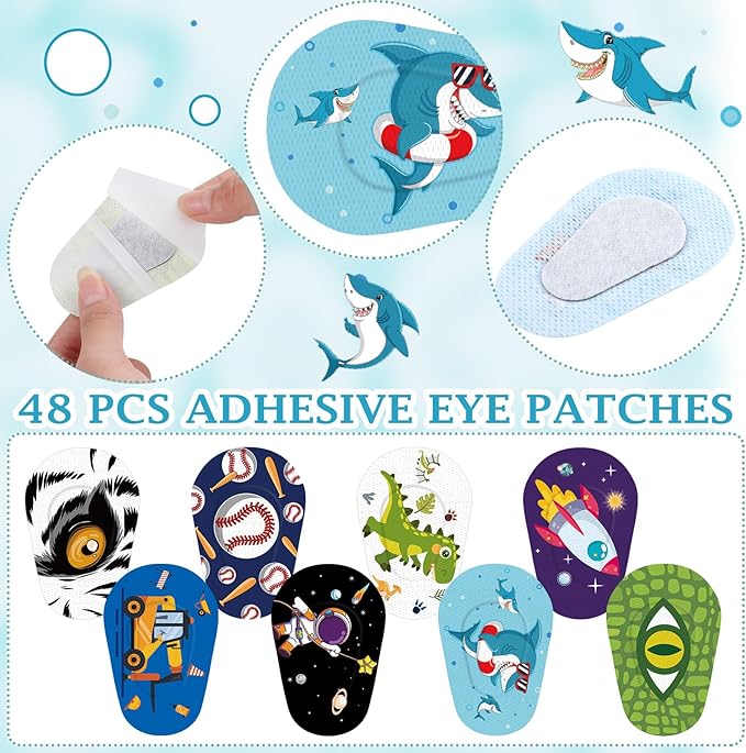 Siifert 48 Pcs Latex Free Adhesive Eye Patches for Kids Latex Free Disposable Cute Adhesive Bandages for Amblyopia Light Blocking Lazy Eye Toddler Boys Girls, 8 Styles