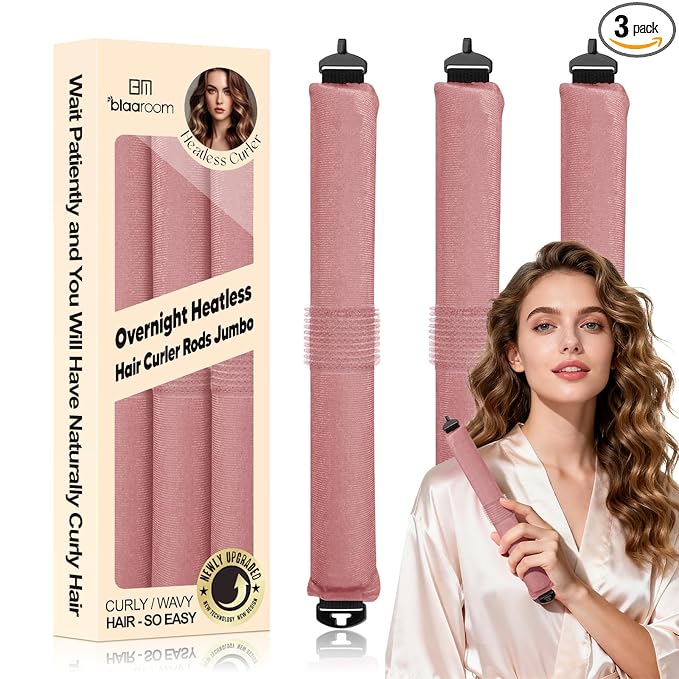 Overnight Heatless Hair Curler, Upgraded with Hair Pad Grippers Satin Jumbo Flexi Blowout Curls Rods, 3pcs No-Heat Styling Tools Curling Rod to Sleep in for All Hair Types - Dark Pink