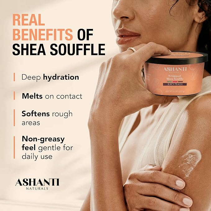 Ashanti Naturals Scented Whipped Shea Butter for Skin | African Body Butter for Women w/Coconut, Almond Oil (Juicy Peach Souffle, 8 oz)