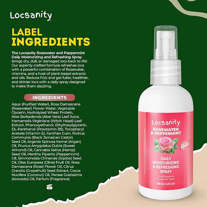 Loc Spray - Locsanity Daily Moisturizing Rosewater & Peppermint Spray for Locs, Dreadlocks - Lightweight Frizz Control Hair & Scalp Moisturizer - Natural Loc Care (4 fl oz)