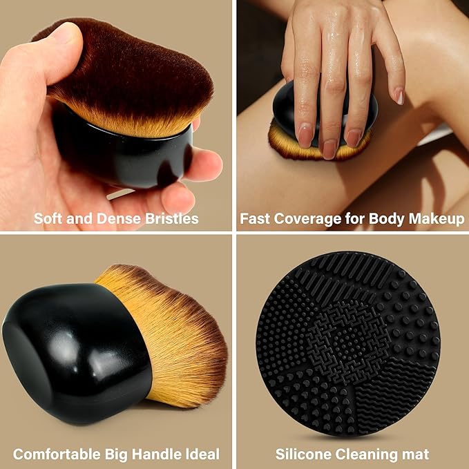 Extra Large Body Makeup Brush For Self Tanner, Leg Makeup & Bronzer Blend, 75 mm Wide-Headed Kabuki Brush for Even& Pretty Sunscreen& Lotion Application. With Cleaning Mat, Face Back Brush Set - Black