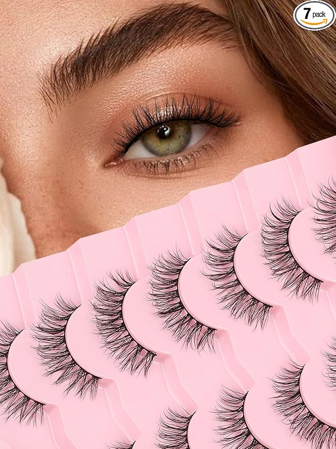 Lashes Natural Wispy Eyelashes 15mm Strip Lashes Pack False Eyelashes 0.1MM Thin Band C Curl Eye Lashes 3D Volume False Eyelashes Siligli Lashes 7 Pair