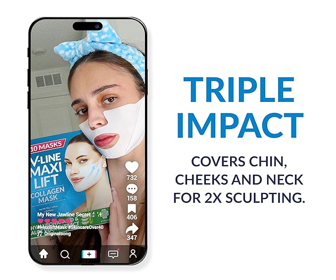 Stylia MaxiLift V-Line Lifting Collagen Face Mask - Double Chin Strap - Jawline Shaper - Neck Firming and Tightening Mask with Hyaluronic Acid & Aloe Vera - Chin Strap for Sleeping (10PC)