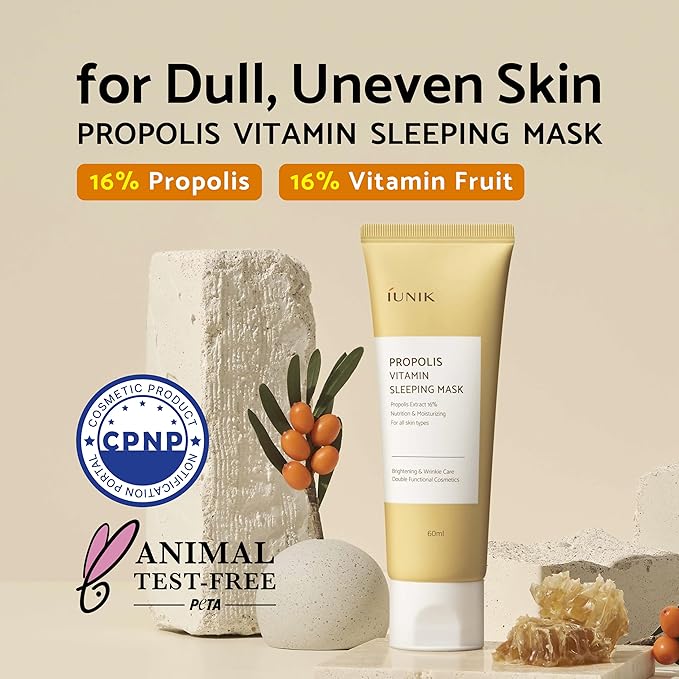 IUNIK Propolis Vitamin Sleeping Mask – Propolis, Vitamin C & Centella Overnight Moisturizing Sleeping Mask for Radiant, Firm-Looking Skin, Korean Skincare, 60ml / 2.02 fl oz