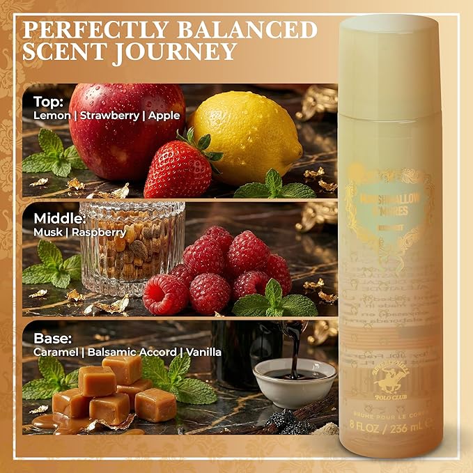 Beverly Hills Polo Club Marshmallow S'mores Body Mist for Women | Irresistible Gourmand Fragrance | Sweet Caramel & Vanilla | Long-Lasting 236ml