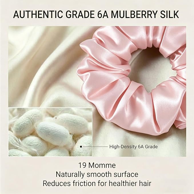 ZLYC 100% Mulberry Silk Scrunchie 19 Momme Gentle Creaseless Hair Tie for Women Dent-Free Ponytail Holder, 3.5cm Solid Pink