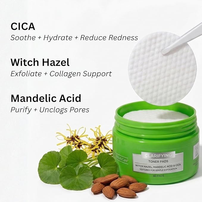 Global Beauty Care Clarifying Toner Pads - Face Toner Pads with Witch Hazel, Mandelic Acid & CICA, Dual Textured Exfoliating Facial Pads, Helps Refine Pores & Balance Skin, 40ct (1-Pack)