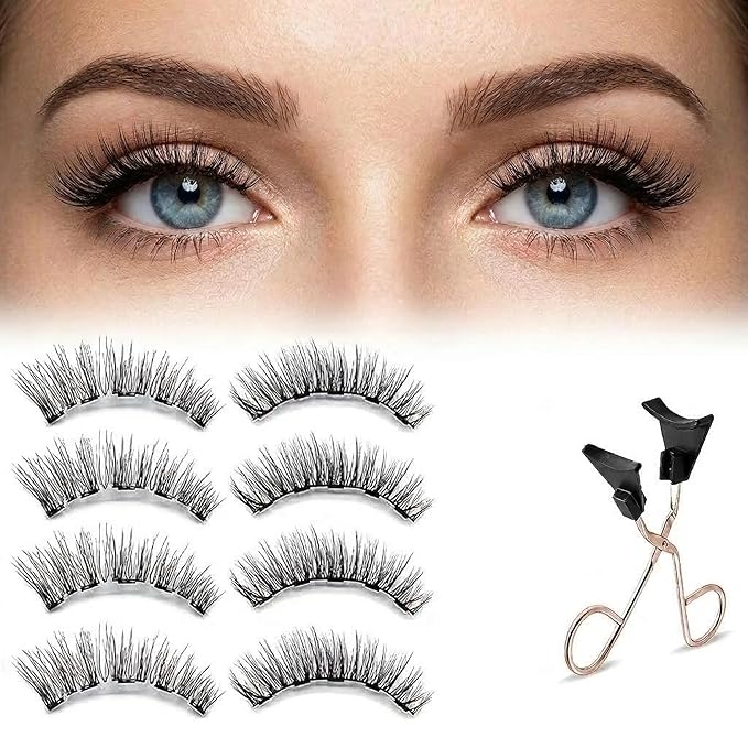 Magnetic Eyelashes with Applicator, 4 Pairs Reusable 3D False Lashes Natural Look, No Glue or Eyeliner Needed, Water Resistant Lightweight Makeup Kit for Daily Wear