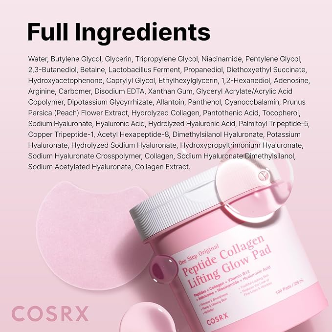 COSRX OneStep Original Peptide Collagen Lifting Glow Pad, 100 Pads, Improving Elasticity, Plumping Toner Pads with Peptide, Collagen, Niacinamide & Anti-Aging Care, Korean Skin Care, Mothers Day Gifts