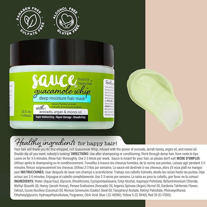 SAUCE Deep Conditioning Hair Mask for Dry Damaged Hair, Guacamole Whip (12 Fl Oz) Frizz Control with Avocado, Jarrah Honey, Monoi & Argan Oil