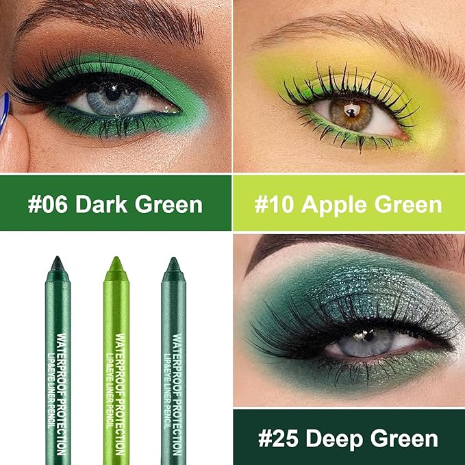 LemonSac 3 Colorful Eyeliner Pen Set, Eye Shadow Pencil, Pearl Eyeliner Kit Metallic Glitter Eye liner Pencil for Women Eye&Lip Liner Professional St Patricks Day Accessories (3PCS A)