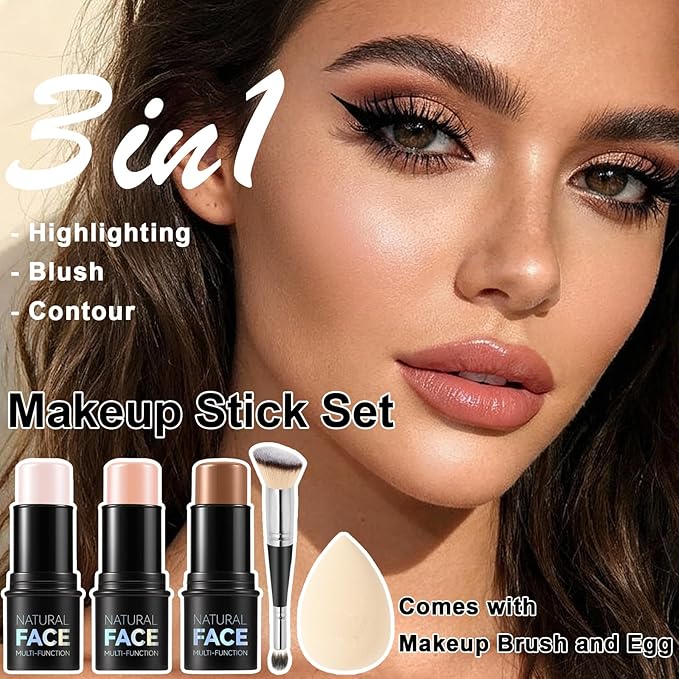 3Pcs Cream Contour Stick Makeup Kit, Shades with Highlighter, Blush and Bronzer Contour Stick for Sculpt the Cheeks, Long Lasting, Waterproof, Matte & Dewy Finish (G)