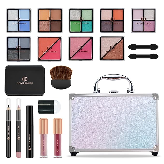 Color Nymph Beginner Makeup Kits For Teens With Train Case Included Full Makeup Kit Eyeshadow Palette Blushes Bronzer Highlighter Lipstick Brushes Mirror (White)