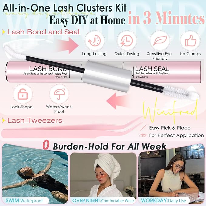 Winifred Natural Fluffy Lash Clusters Kit 3D Wispy Eyelash Clusters Light Volume Eyelashes DIY Lash Clusters 10-16mm Lash Extension Kit D Curve Hyrid Lashes With Lash Bond and Seal,Lash Tweezers