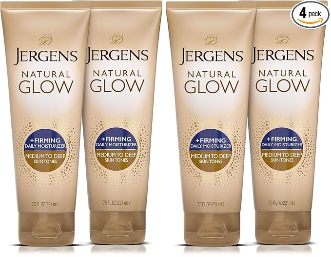 Jergens Natural Glow +Firming Self Tanner Body Lotion,Medium to Deep Skin Tone,Sunless Tanning Moisturizer with Collagen and Elastin,Helps to Visibly Reduce Cellulite,7.5 Oz,(Pack of 4)