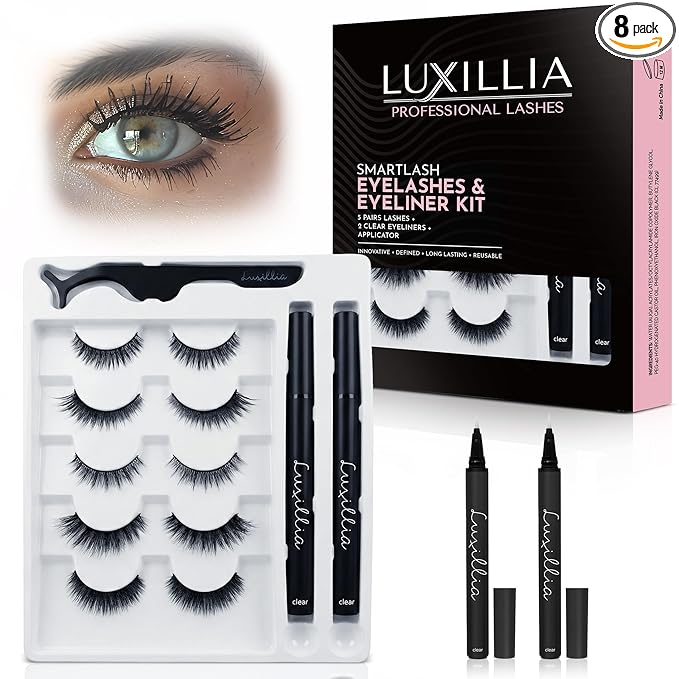 Luxillia SMARTLASH Self Adhesive Lash Clusters Kit - 5 Pairs Press On Lashes with 2 Clear Adhesive Eyeliners & Tweezers, No Glue Needed Eyelashes for Beginners - Waterproof DIY Lash Extension Kit
