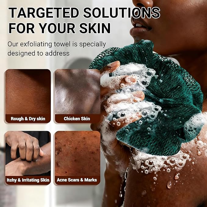 African Net Sponge Authentic for Exfoliating - Extra Knots for Deep Cleansing & Back Scrubbing - Body Scrubber Washcloth for Women & Men - Daily Shower Exfoliator for Smooth, Glowing Skin(Dark Green)