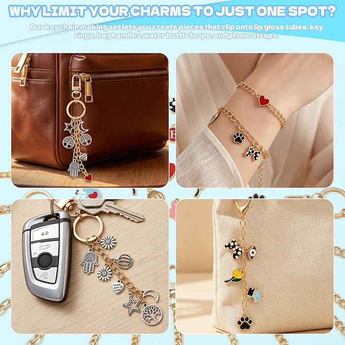 WANRSUDY 359 Pcs Charms Lip Gloss Keychain Making Kit-DIY Lip Balm Charms Kit Including Letter Clip Hooks Lobster Clasps Chains Jump Rings Complete Beginner Craft Set for Women DIY Gift