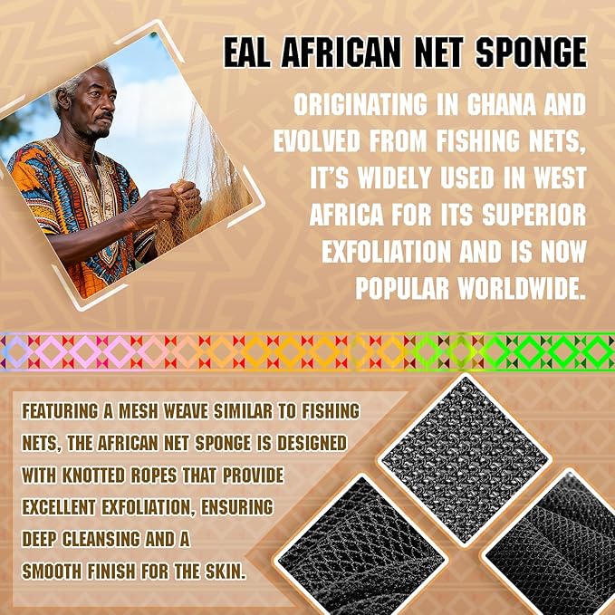 Authentic African Net Sponge - 2 Pieces Deep Clean Exfoliating Sponge - Soft Weave for Gentle Exfoliation, All-Skin-Type Shower Accessory (Black Gray)
