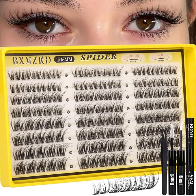 Spider Lash Clusters Kit Natural Fluffy Eyelash Clusters Kit Spider Breeze Cluster Eyelash Extensions 10-16MM D Curly Wispy Individual Lashes with Invisible Band for DIY Lash Beginners
