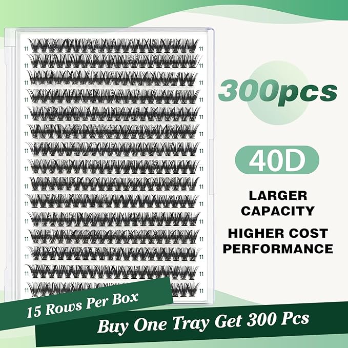 KEYYOU Lash Clusters 300pcs Individual Lashes, 40D 0.07C Curl 11mm DIY Eyelash Extension, Soft & Natural Volume Cluster Lashes with Large Tray