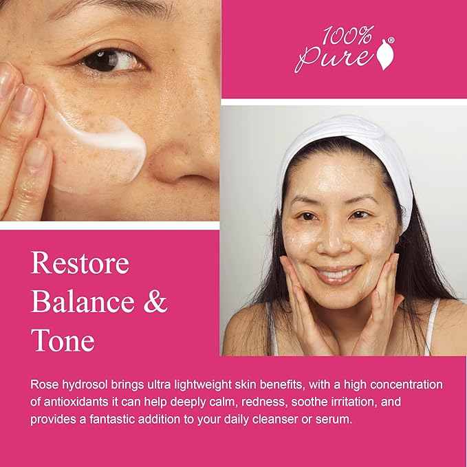 100% PURE Rose Water Hydrating Milk - Lightweight Face Moisturizer with Hyaluronic Acid & Squalene to Soothe and Replenish Dry, Dehydrated Skin - Vegan - 1.7oz