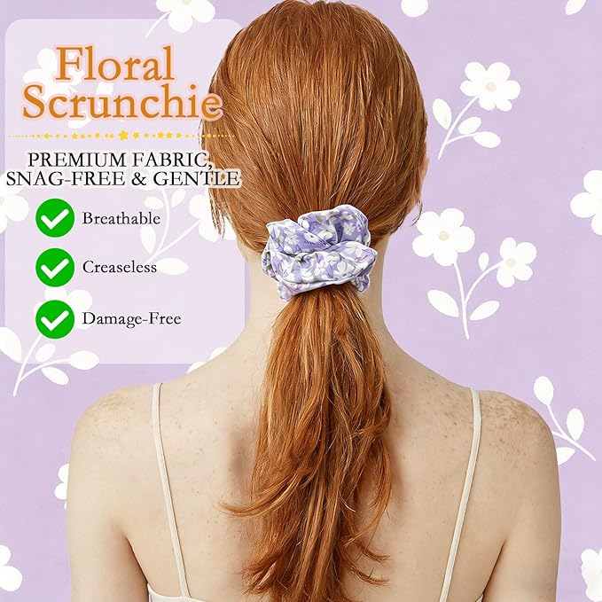 6 Pieces Floral Scrunchies for Women, Cute Scrunchies Hair Ties Ponytail Holder Fresh Sweet Flowers Printing Hair Accessories Gift for Women Girls
