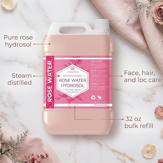 Leven Rose Pure Rose Water Hydrosol for Face & Hair, 32 oz Bulk Refill, Hydrating Rosewater Toner, Facial Mist Refill for Skin Care and Hair Care