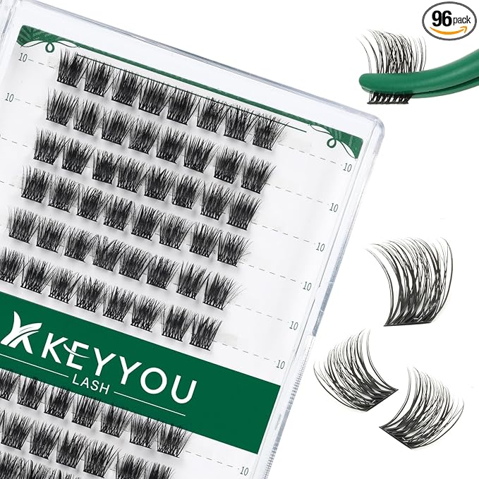 Lash Clusters 96pcs Individual Lashes D Curl 10mm Cluster Lashes KEYYOU Volume Wispy Lash Extension Soft&Comfortable Easy DIY at Home(Y11 D-10mm)