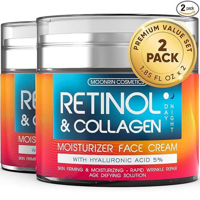 Retinol Cream for Face 2-Pack – Anti-Aging Moisturizer with Hyaluronic Acid & Collagen, Day & Night Face Cream for Wrinkles & Fine Lines, 3.7 Oz (Pack of 2)