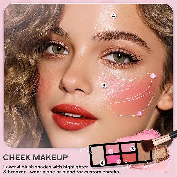 Color Nymph Beginner Makeup Kit For Teens With The Small Cosmetic Train Case Included 24-Colors Eyeshadow Palette Blushes Bronzer Highlighter Lipstick Brushes Mirror(Pink)