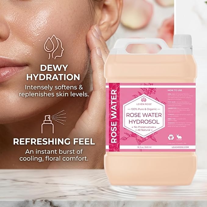 Leven Rose Pure Rose Water Hydrosol for Face & Hair, 32 oz Bulk Refill, Hydrating Rosewater Toner, Facial Mist Refill for Skin Care and Hair Care