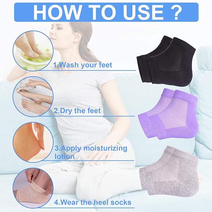 Vented Moisturizing Gel Heel Socks, 3 Pairs Toeless Spa Sock for Foot Care Treatment, Cracked Heels, Dry Feet, Foot Calluses (Black)