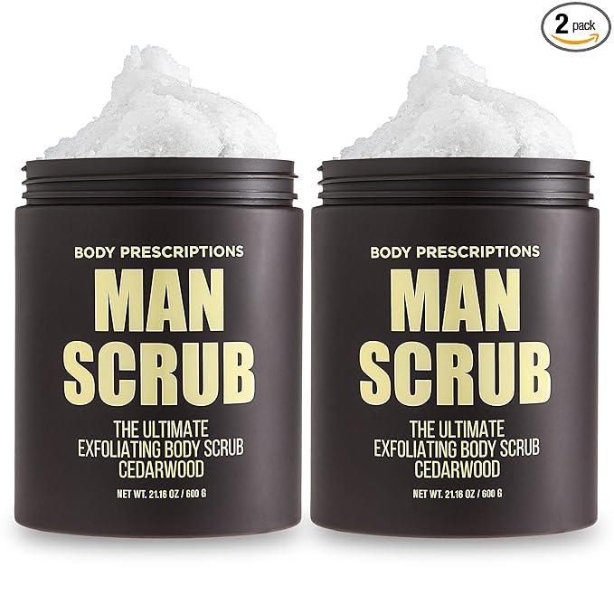 Body Prescriptions Men’s Exfoliating Body Scrub – Ultimate Skin Cleansing Wash in Jar with Twist-Top Lid, For All Skin Types, 21 Ounce (Pack of 2), Cedarwood