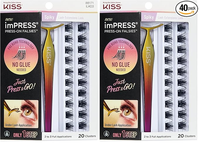 KISS imPRESS Falsies Press On Self Adhesive Eyelashes, 12mm-14mm Glam Volume Press On Lashes, Black, No Glue Needed, Invisible Band, Lash Clusters & Non-Stick Applicator - Spiky 20 Count (Pack of 2)