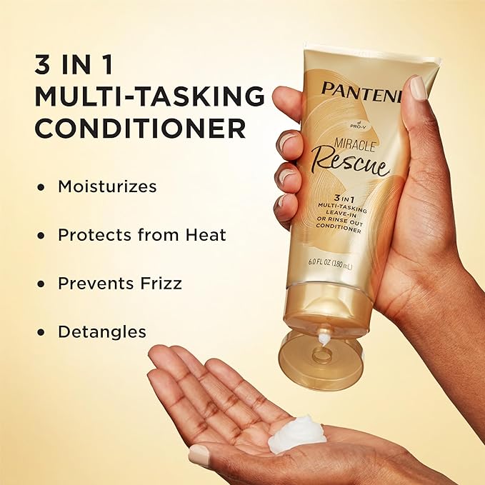 Pantene Miracle Rescue 3 in 1 Leave In Conditioner,Rinse off Conditioner,Heat Protectant for Hair,Detangler,Anti Frizz,Moisturizing,For All Hair Types,Safe-for Color Treated-Hair,6.0 fl oz,(Pack of 2)
