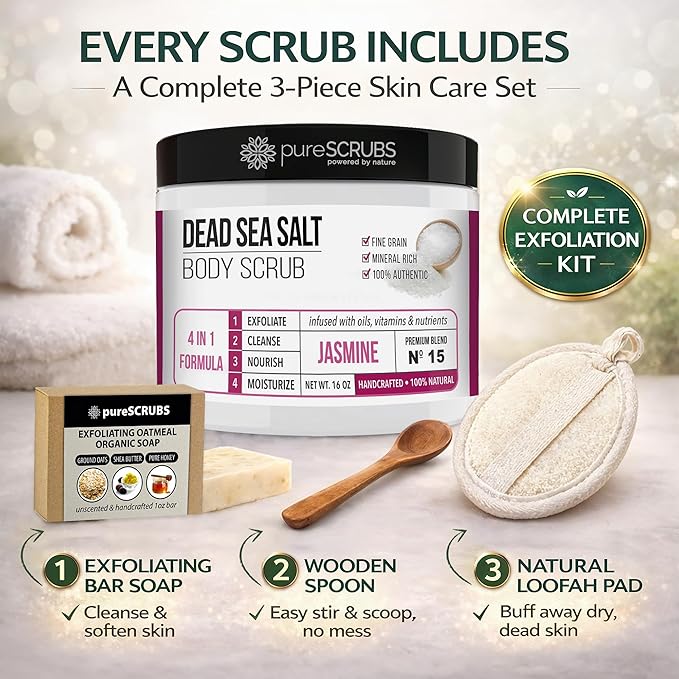 pureSCRUBS Premium Jasmine Body Scrub Set - Large 16oz Dead Sea Salt Body Scrub With Infused Essential Oils & Nutrients Includes Wooden Spoon, Loofah & Oatmeal Exfoliating Bar Soap