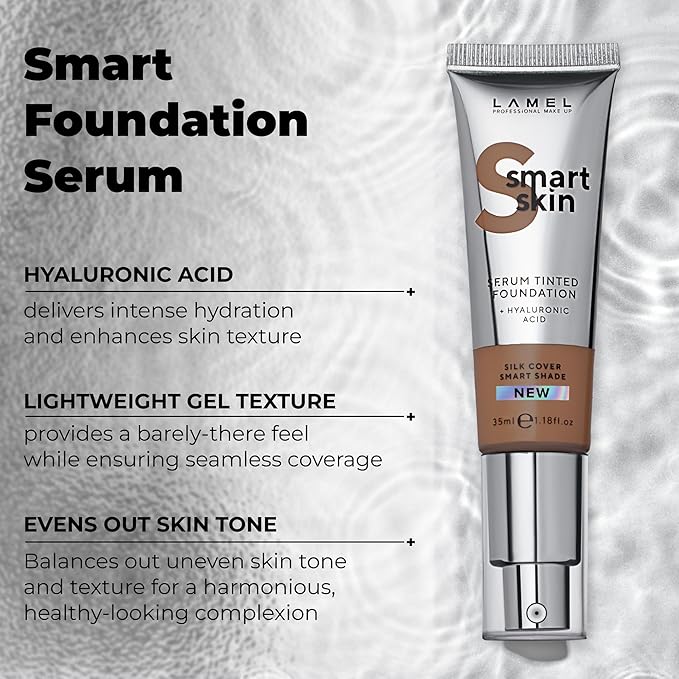 LAMEL Smartskin Serum Tinted Foundation - Hydrating & Nourishing - Hypoallergenic & Skin-Caring - Color Correcting - Anti-Aging Formula with Hyaluronic Acid, 410-1,18 fl.oz