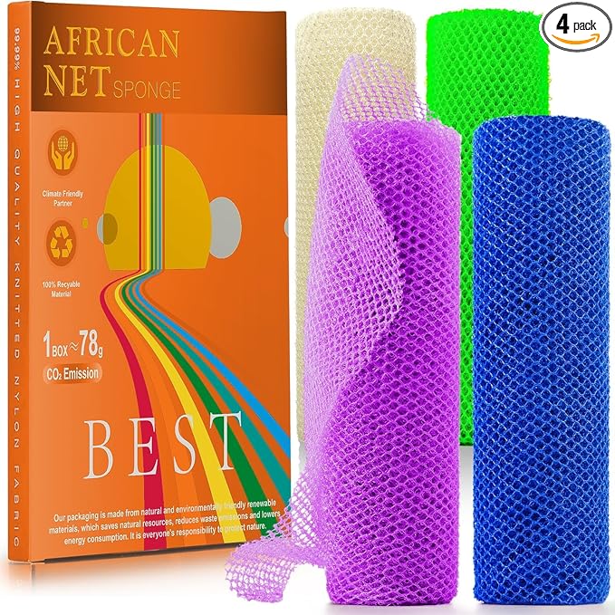 4 Pieces Exfoliating Washcloth Shower Towel African Net Sponge Japanese Wash Cloth Face Exfoliating Sponge Loofah Exfoliating Body Scrubber for Body Exfoliation (Blue, Green, Purple, White)