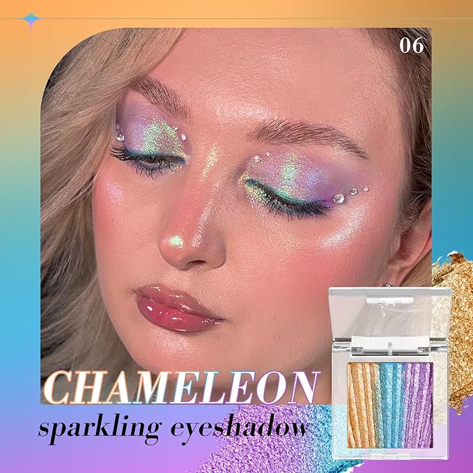 Half Magic Glitter Eyeshadow, Multi Glitter chameleon eyeshadow, 3 Color Gold-Blue-Purple Iridescent Holographic Cream Eye Shadow, #06